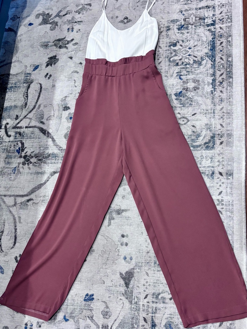 Altar'd State Wide-Leg Jumpsuit in Mauve with Matching Fabric Belt & White Top